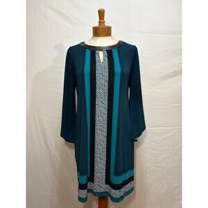 Alfani Tunic Dress Blue Multicolored w/ Bell Sleeves (Medium)